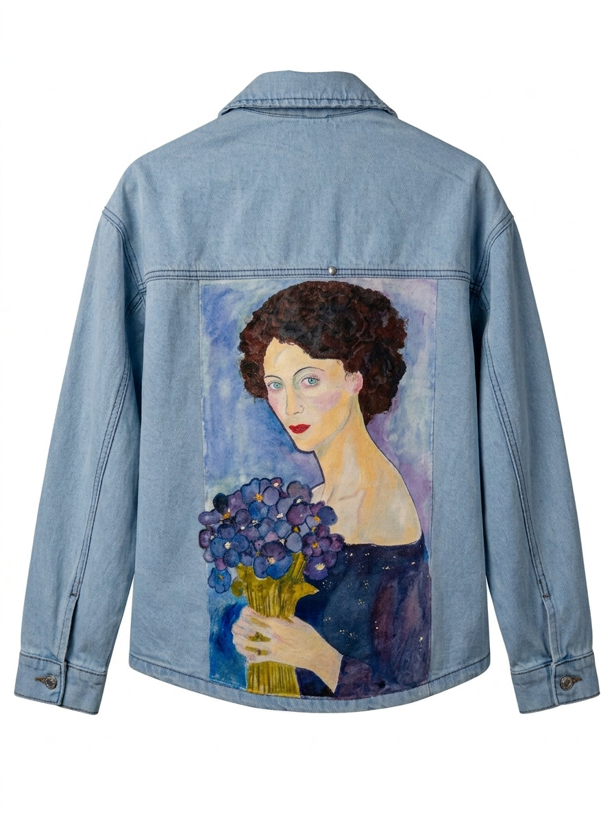 Chaqueta de jean azul claro pintada a mano con retrato de mujer sosteniendo flores azules